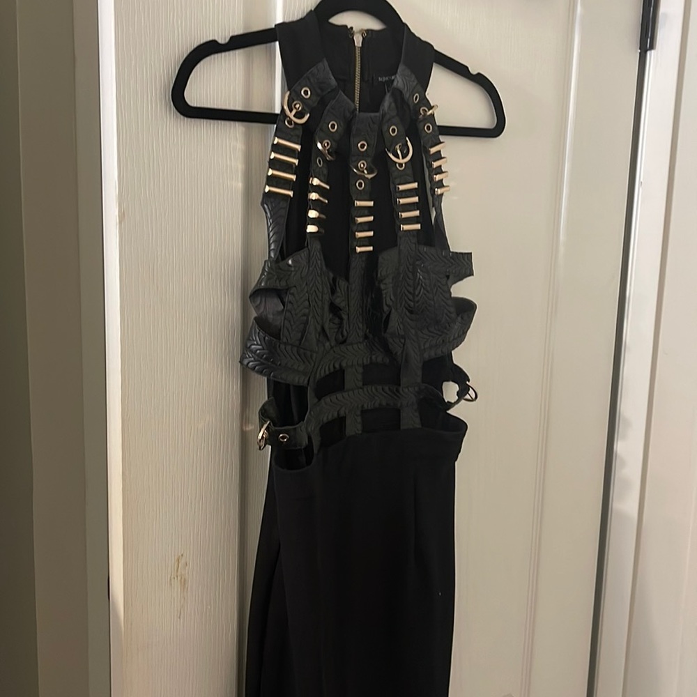 Faux leather and gold hardware cage dress